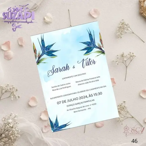 Convite de Casamento Azul Amarinho Tropical Tam A5