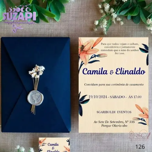 Convite de Casamento Azul com Terracota A5 Exclusivo