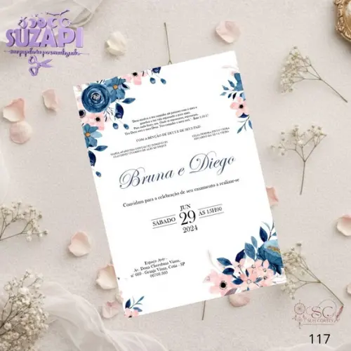 Convite de Casamento Azul Marinho com Rosa Tam A5