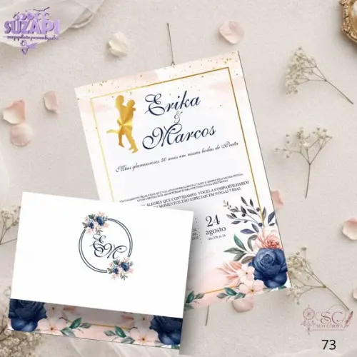 Convite de Casamento Dourado Azul Marinho e Rosa Tam A5