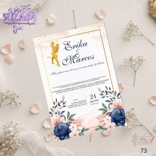 Convite de Casamento Dourado Azul Marinho e Rosa Tam A5