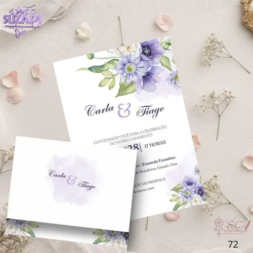 Convite de Casamento Floral Lilas c Verde Tam A5