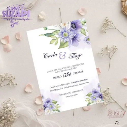 Convite de Casamento Floral Lilas c Verde Tam A5