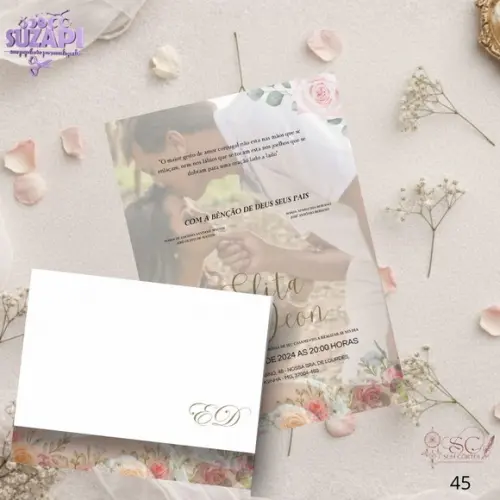 Convite de Casamento Floral Rosa com Foto Tam A5