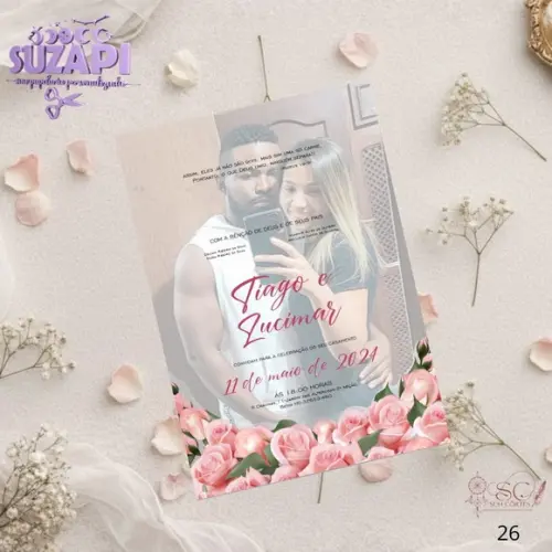 Convite de Casamento Floral Rosa com Foto Tam A5