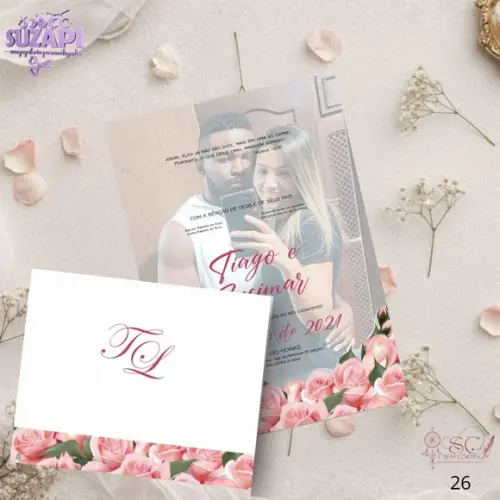 Convite de Casamento Floral Rosa com Foto Tam A5