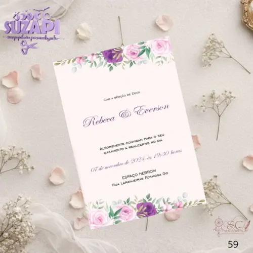 Convite de Casamento Floral Roxo com Rosa Tam A5