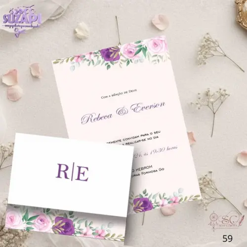 Convite de Casamento Floral Roxo com Rosa Tam A5
