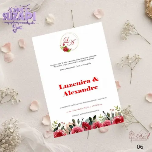 Convite de Casamento Floral Vermelho com Brasão Tam A5