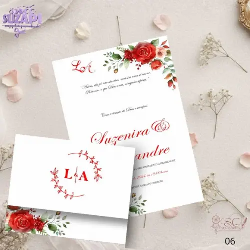 Convite de Casamento Floral Vermelho Cantoneiras Tam A5