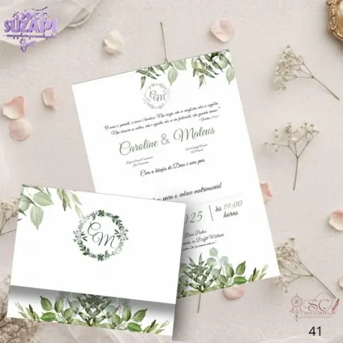 Convite de Casamento Folhagens Verde Tam A5