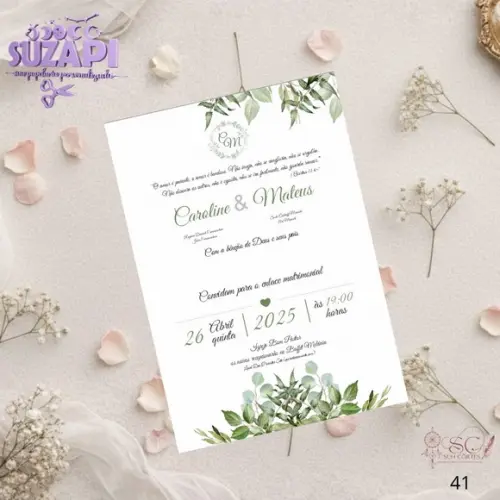 Convite de Casamento Folhagens Verde Tam A5