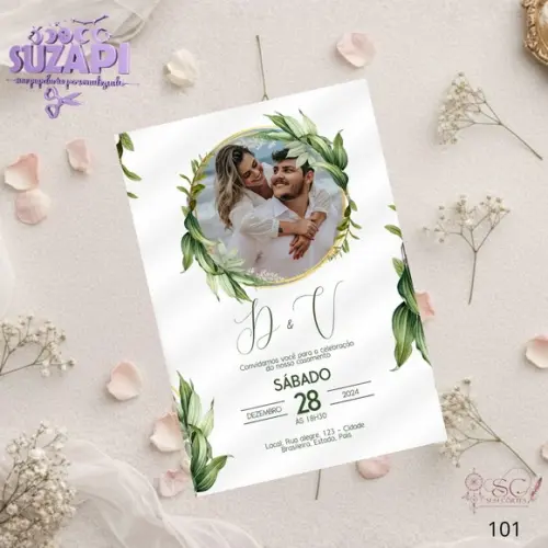 Convite de Casamento Folhas Verde com Foto Tam A5