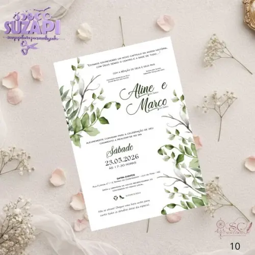 Convite de Casamento Folhas Verdes Nominal Tam A5