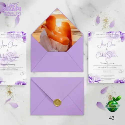 Convite de Casamento Lilas Lavanda Forrado C/lacre de Cera
