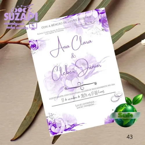 Convite de Casamento Lilas Lavanda Forrado C/lacre de Cera