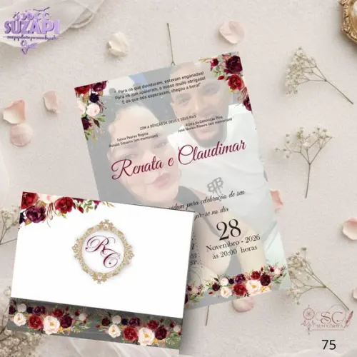 Convite de Casamento Marsala c Dourado e Foto Tam A5
