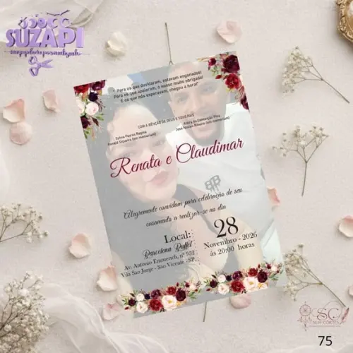 Convite de Casamento Marsala c Dourado e Foto Tam A5