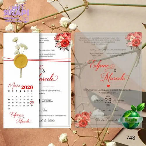 Convite de Casamento Papel Vegetal Vermelho c/ Sempre Vivas