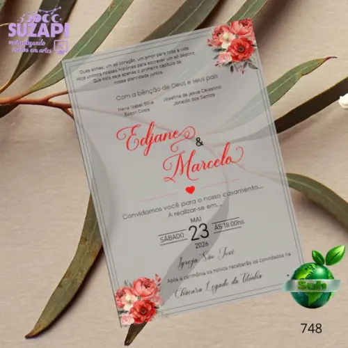 Convite de Casamento Papel Vegetal Vermelho c/ Sempre Vivas