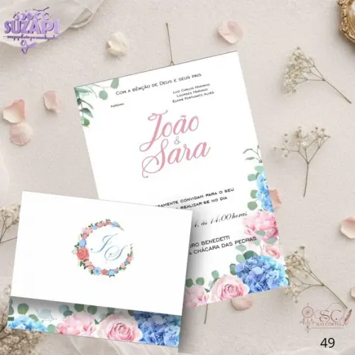 Convite de Casamento Rosa e Azul Tam A5