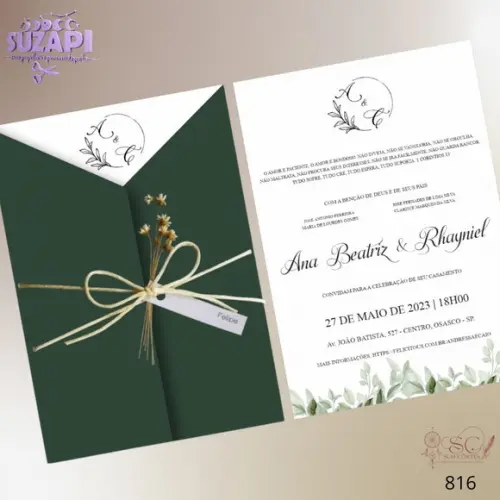 Convite de Casamento Verde Oliva com Sempre Vivas