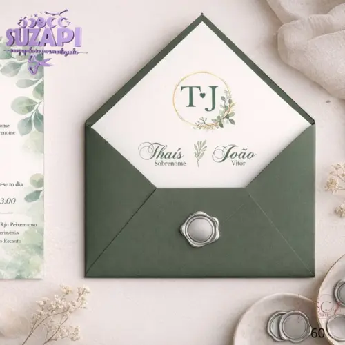 Convite de Casamento Verde Oliva Forrado Exclusivo