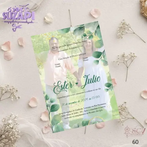 Convite de Casamento Verde Olivia Folhinha c/ Foto Tam A5