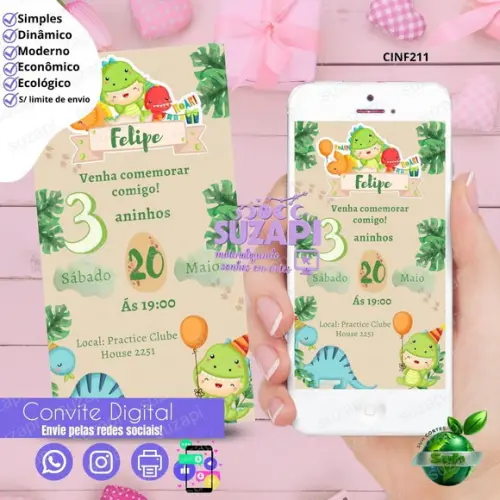 Convite Dino Baby - Dinoussauro Digital Virtual Whatsapp