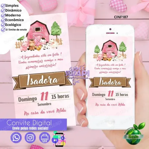 Convite Fazendinha Rosa Digital Virtual Whatsapp