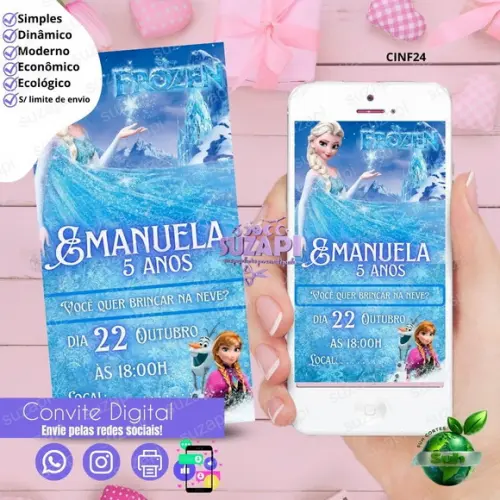 Convite Frozen Elza Digital Virtual Whatsapp
