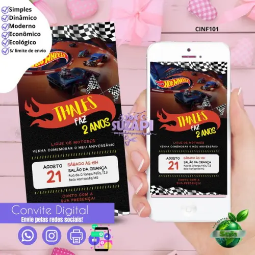 Convite Hot Wheels 2 Digital Virtual Whatsapp