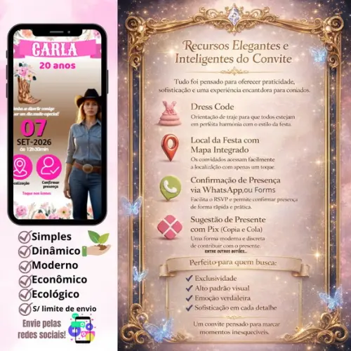 Convite Interativo Classico Country Rosa + Brinde
