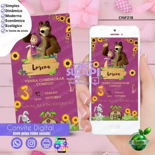 Convite Menina e o Urso Digital Virtual Whatsapp