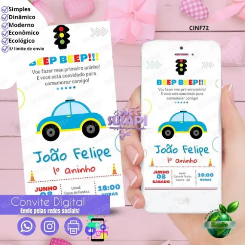 Convite Meios de Transporte Carro Digital Virtual Whatsapp