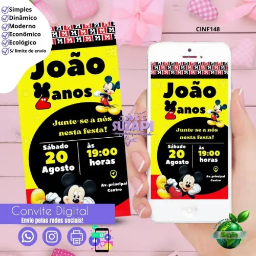 Convite Mickey 3 Digital Virtual Whatsapp
