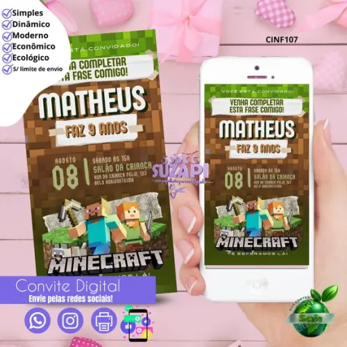 Convite Minecraft 3 Digital Virtual Whatsapp
