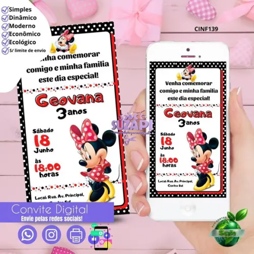 Convite Minnie Digital Virtual Whatsapp