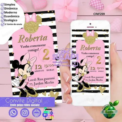 Convite Minnie Rosa Digital Virtual Whatsapp