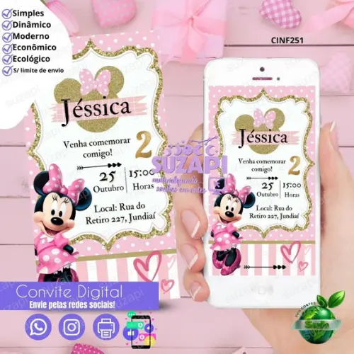 Convite Minnie Rosa Digital Virtual Whatsapp