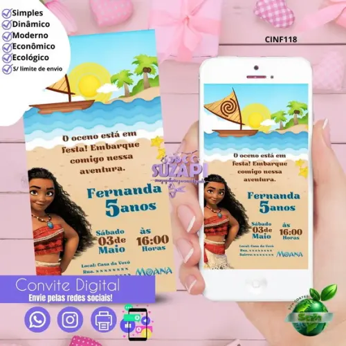 Convite Moana 4 Digital Virtual Whatsapp