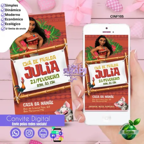 Convite Moana 3 Digital Virtual Whatsapp
