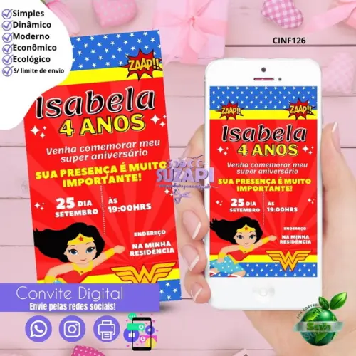 Convite Mulher Maravilha Cute 2 Digital Virtual Whatsapp
