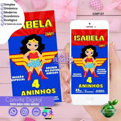 Convite Mulher Maravilha Cute 3 Digital Virtual Whatsapp