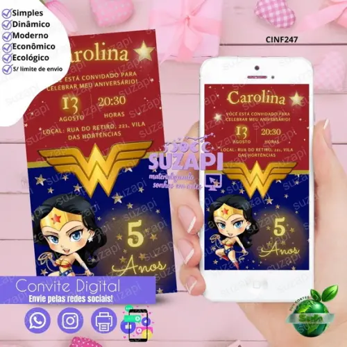 Convite Mulher Maravilha Cute Digital Virtual Whatsapp