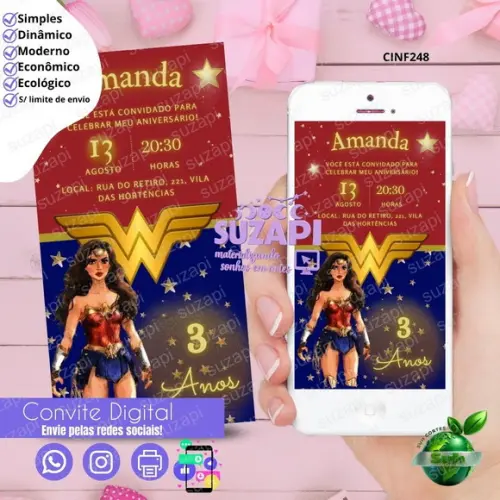 Convite Mulher Maravilha Digital Virtual Whatsapp