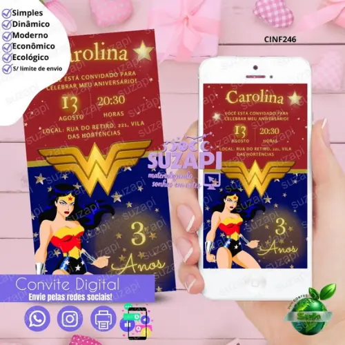 Convite Mulher Maravilha Digital Virtual Whatsapp