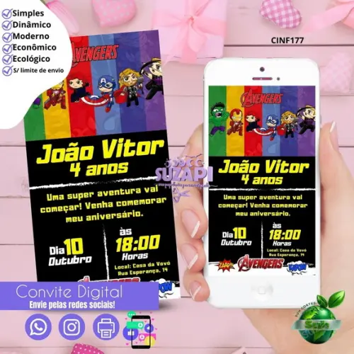 Convite os Vingadores Cute Digital Virtual Whatsapp