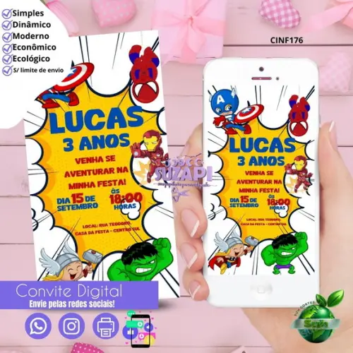 Convite os Vingadores Cute Digital Virtual Whatsapp