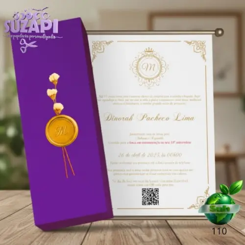 Convite Pergaminho 15 Anos Roxo com Dourado + Lacre de Cera